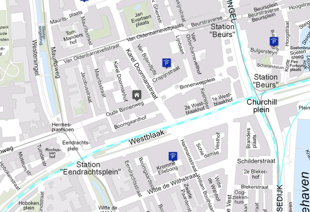 Locatie Bereikbaarheid Uitstekend bereikbaar met het openbaar vervoer, nabij metrostation 'Eendrachtsplein', alsmede tramen