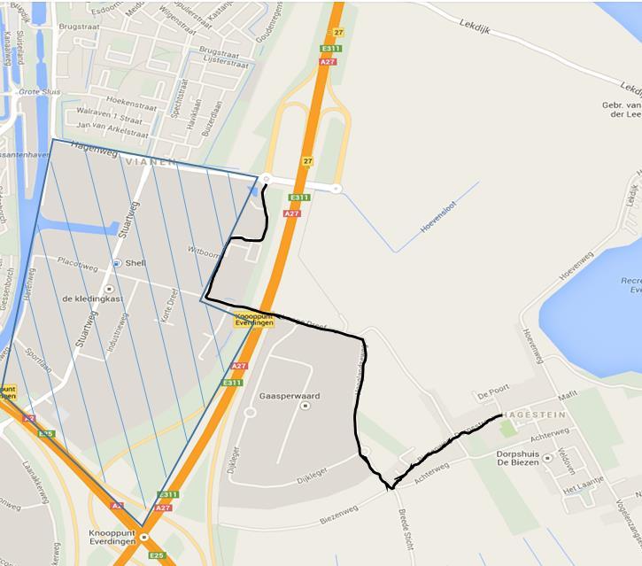 I.v.m. de locaties (zie het gearceerde gedeelte) van de wedstrijdbanen verzoeken wij iedereen aan te rijden via de rijksweg A27 en dan afslag 27 Hagestein/Vianen.