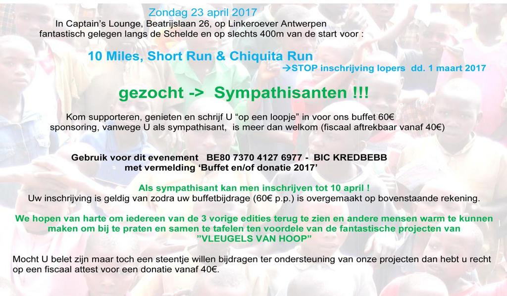 10 miles Antwerpen 23 april 10-jarig bestaan Vleugels van Hoop Casino Koksijde 13 mei Zaterdag 13 mei 2017 om 20.