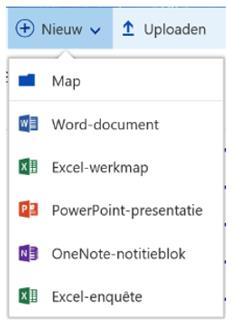 Mappen aanmaken in OneDrive. Klik op nieuw en dan op Map. Geef de map een naam. Dit is de naam van het vak waarvoor je de opdracht moet uitwerken. Opslaan in OneDrive.