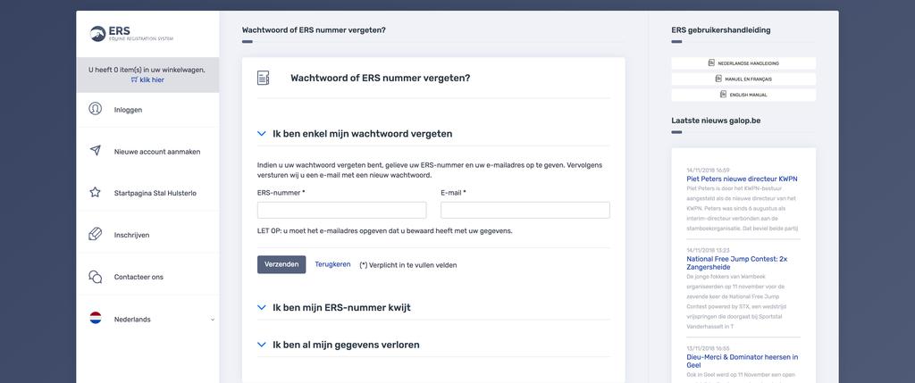 6. Wachtwoord of ERS-nummer vergeten Stap 1: Ga naar https://ers.galop.be. Hier kunt u klikken op de knop Wachtwoord of ERS Nummer vergeten?