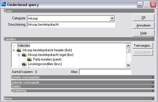 Afbeelding 5.2. Onderhoudsscherm query Tabellen Klik op de knop Toevoegen voor het toevoegen van een tabel binnen het query-onderhoud.