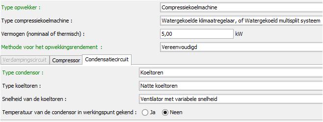 Tabel 26: Constanten gebruikt voor de berekening van het energieverbruik van een koeltoren In de EPB-software kunnen de parameters van bovenstaande tabel gespecifieerd worden volgens Figuur 77: