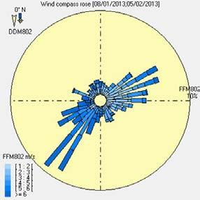 De meeste windrozen wijzen op een dominante zuidwestenwind.
