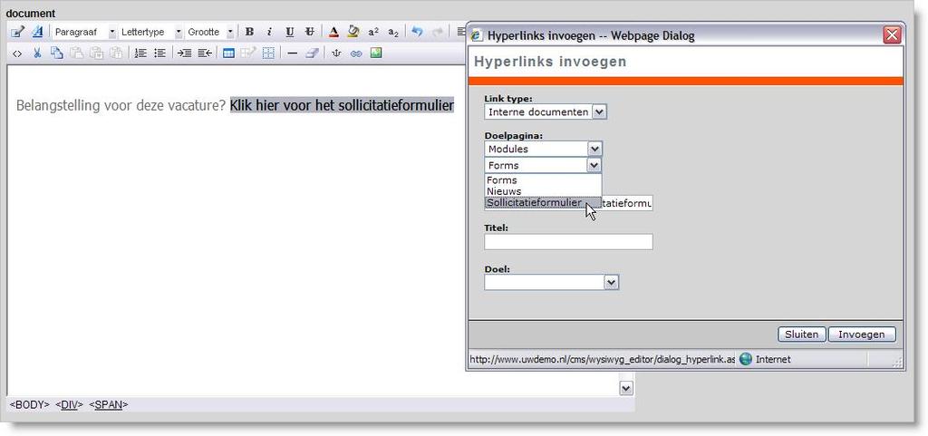 Figuur 4 Keuzemogelijkheid als module geregistreerd formulier bij aanmaken van een hyperlink.