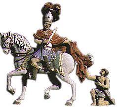Sint Maarten: Sint Maarten ging te paard door het land, hij vocht voor de keizer, zwaard in de hand. De vijand had hij op de vlucht gejaagd, want dat had de keizer zelf aan hem gevraagd.