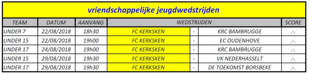 VRIENDSCHAPPELIJKE WEDSTRIJDEN KERNSPELERS: KOMENDE