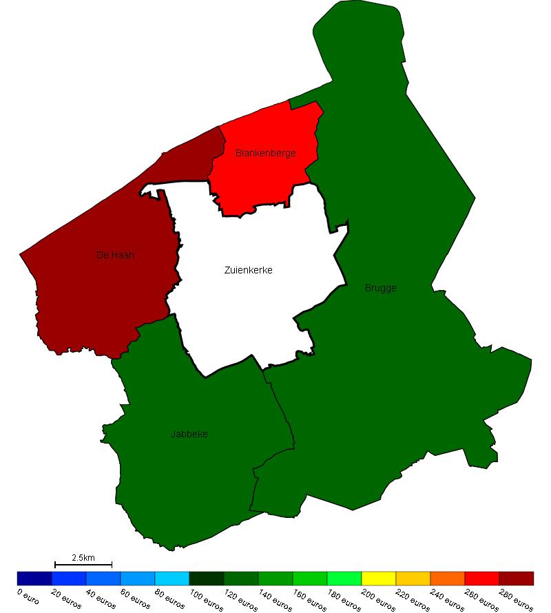 Vastgoed Prijs van bouwgrond in Zuienkerke en omgeving Gemiddelde prijs in e/m 2 van bouwgrond in Zuienkerke en omgeving Bron : Berekeningen van de ADSEI (FOD Economie) op