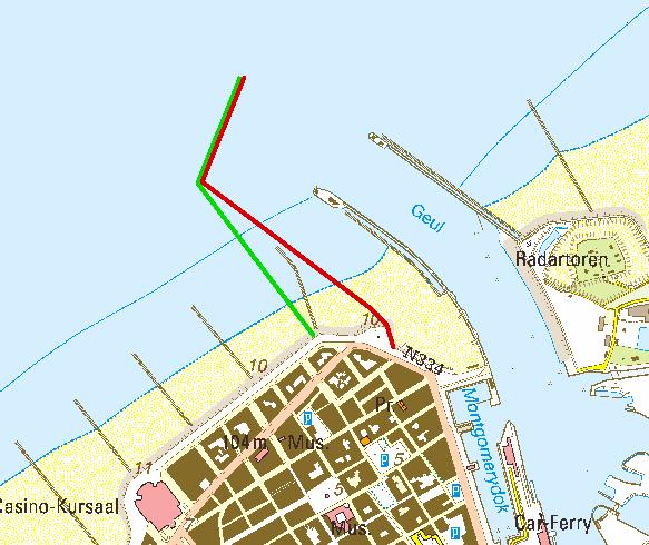 Positie westelijke havendam bij implementatie van de milderende maatregel (rood) in vergelijking met Alternatief A (groen) In de Beslissing van de Vlaamse Regering van 14 december 2007 worden de
