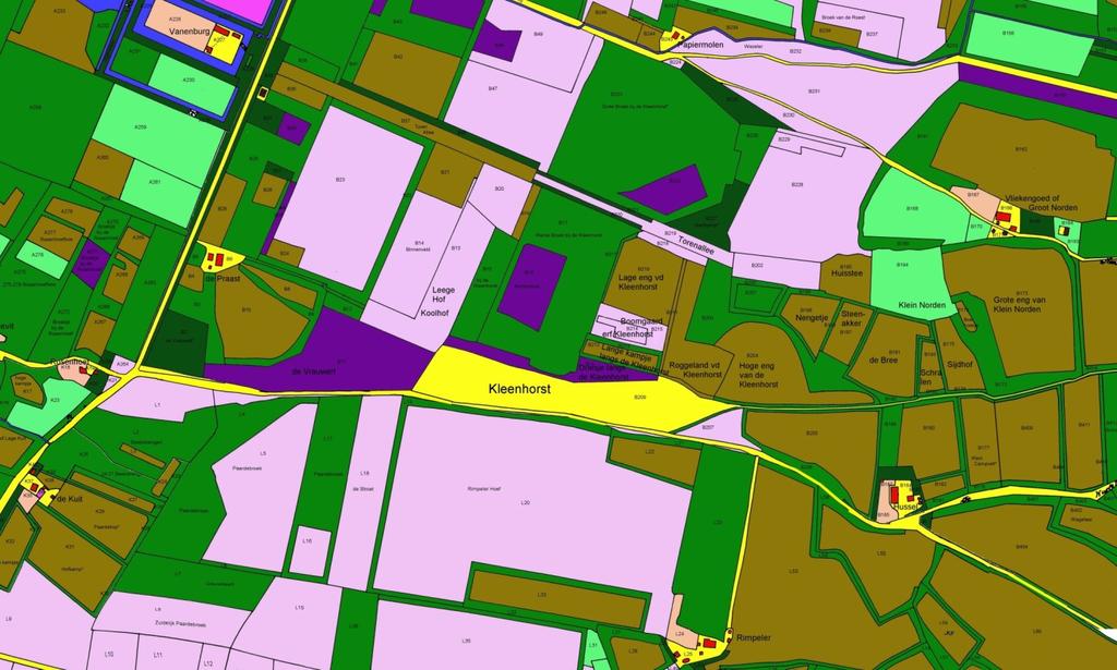fig 1. Het gebied rond de Kleenhorst gereconstrueerd op de kaart van 1832. De kleuren geven het grondgebruik aan. Zie fig. 2 voor een uitsnede.