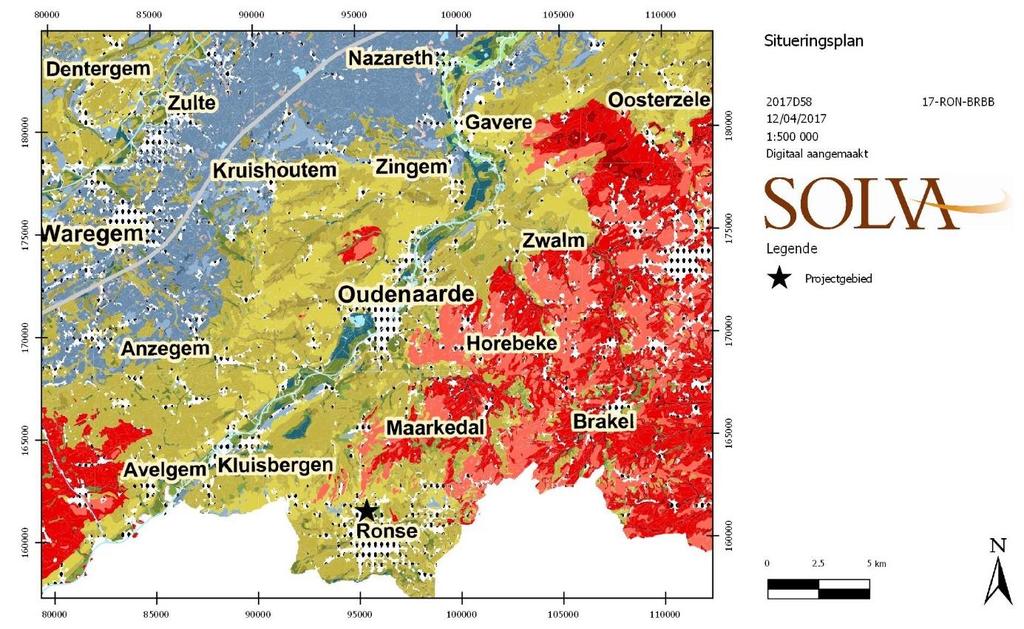 Figuur 7. Situering van het projectgebied op de bodemkaart (aangegeven met ster). Geel: zandleemstreek, rood: leemstreek (Databank Ondergrond Vlaanderen, geraadpleegd via WMS).