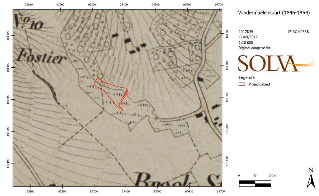 c) Philippe Vandermaelen Cartes topographiques de la Belgique (1846-1854) Figuur 21. Detail van Vandermaelenkaart uit 1846-1854 met aanduiding van het onderzoeksgebied (AGIV, geraadpleegd via WMS).