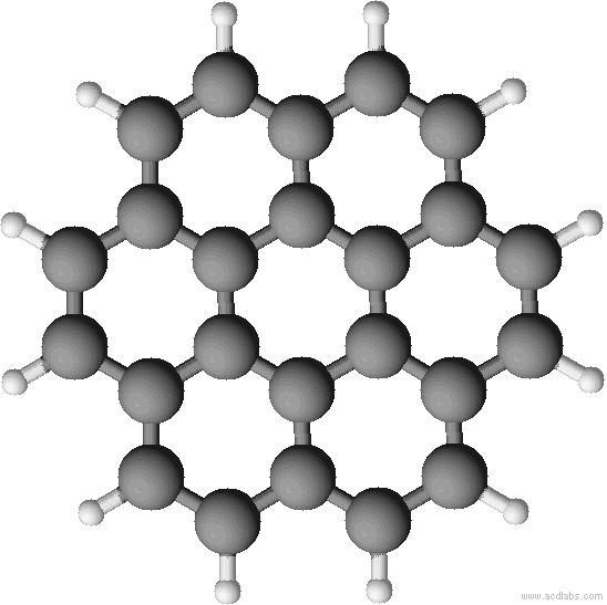 Grafeen (rechter afbeelding) is het grootst mogelijke PAH, aangezien het theoretisch uit een oneindig aantal benzeenringen bestaat.