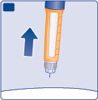 Als de naald verstopt is, krijgt u geen insuline toegediend. K L Breng de naaldpunt in het buitenste naaldkapje op een vlak oppervlak. Raak de naald of de kap niet aan.