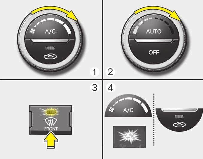 Kenmerken van uw auto OTA040080 Buitenzijde voorruit ontdooien 1. Zet de aanjager in de hoogste stand (geheel naar rechts). 2. Stel de temperatuur in op maximaal. 3. Kies stand ( ). 4.