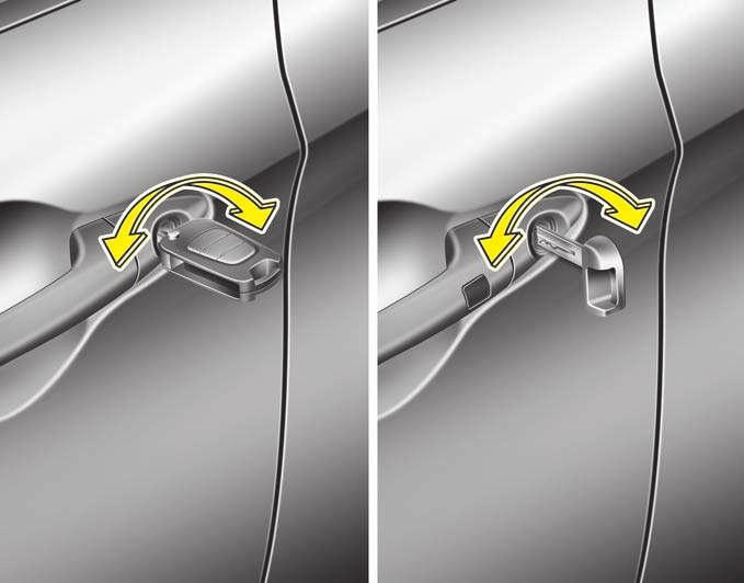 Kenmerken van uw auto SLOTEN Ontgrendelen Vergrendeld OTA040005 Portiersloten van buitenaf vergrendelen/ontgrendelen Mechanische sleutel Draai de sleutel richting de achterzijde van de auto om te