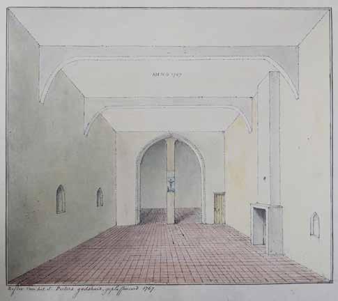 Rond 1767 kon het godshuis zich een sober, nieuw plafond in de eetzaal veroorloven, getuige de datering op deze vermoedelijk door Auguste Van den Eynde (1822-1861) gemaakte tekening.