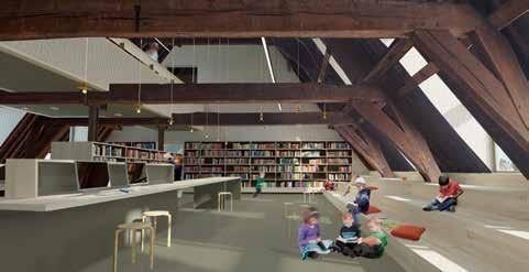 De grotere ruimten eromheen zijn multifunctioneel en kunnen dienen als kantoor of leslokaal. Met de zone midden wordt de algemene bibliotheek bedoeld.
