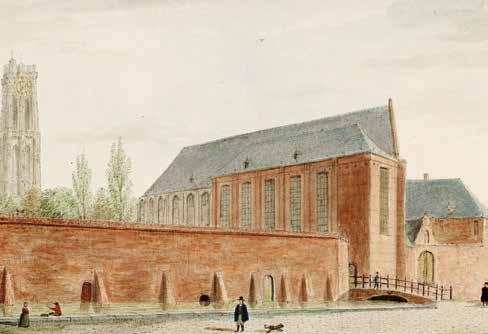 Toestand aan de Melaan in 1830 vóór de bouw van De Cellekens. Rechts de kerk van het Minderbroedersklooster en de brug naar de Minderbroedersgang. Tekening toegeschreven aan Arnold F.