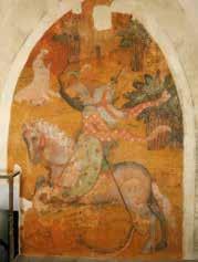 Sint-Joris in volle ridderuitrusting doodt met een lans de draak aan de poten van zijn paard.