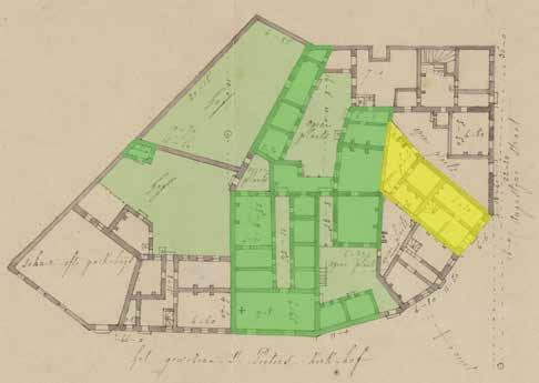 Op dit grondplan uit 1808 is het vroegere godshuis te identificeren als het groen ingekleurde gedeelte.