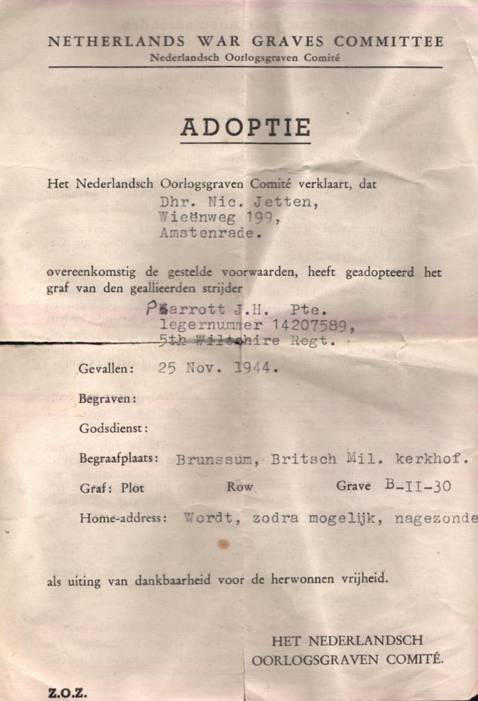 Oud adoptie certificaat uit 1945 op naam van Dhr.