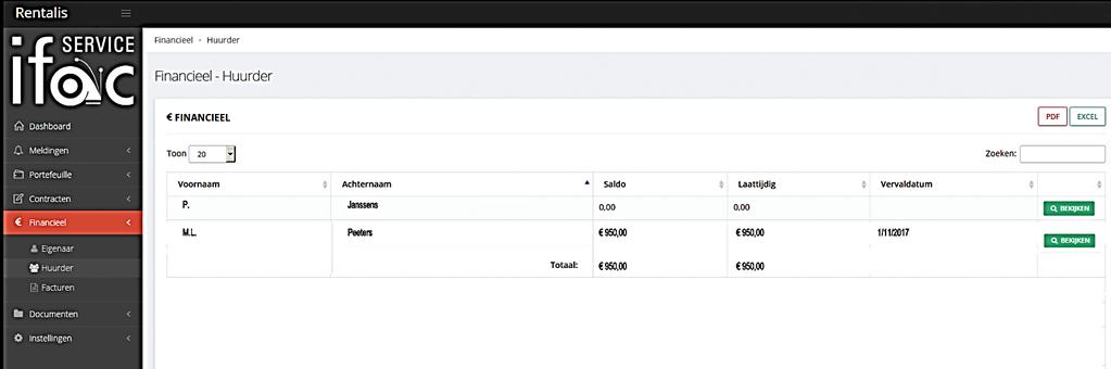 Hoe kan ik zien of alle huurgelden betaald zijn? In het menu Financieel, submenu Huurder vindt u een samenvatting van de balans van uw huurder(s) op dit ogenblik.