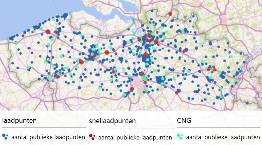 Fig. 5 Marktaandeel elektrische voertuigen: EU-benchmark 2017 Bron: European Alternative Fuels Observatory Fig. 6 Overzicht laadpunten en CNG-tankstations in Vlaanderen Fig.