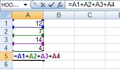 Een voorbeeld van een formule De cellen A1, A2, A3 en A4 bevatten respectievelijk de waarden 12, 7, 14 en 4. Geef in de cel A5 de volgende formule in: =A1+A2+A3+A4.
