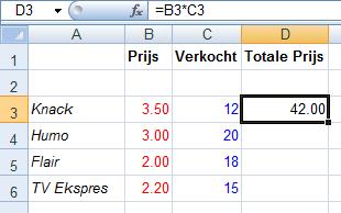 Excel 2016 Basis Pagina 50 van 87 De formule in de cel D3 is =B3*C3 of anders gezegd, het product van de cel 1 en 2 kolommen naar links.