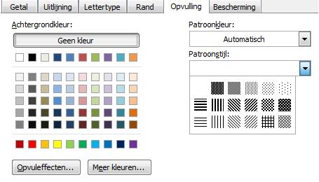 Excel 2016 Basis Pagina 65 van 87 Bij het item Achtergrondkleur kiest u een kleur voor de achtergrond en bij Patroon kiest u voor een patroonstijl en een gepast kleur. 9.