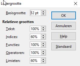 Na het wijzigen van de lettergrootte naar 18pt: Afbeelding 6: Dialoogvenster Lettergrootte Standaard lettergrootte van formules Om de standaard lettergrootte, die voor alle formules in Math of een