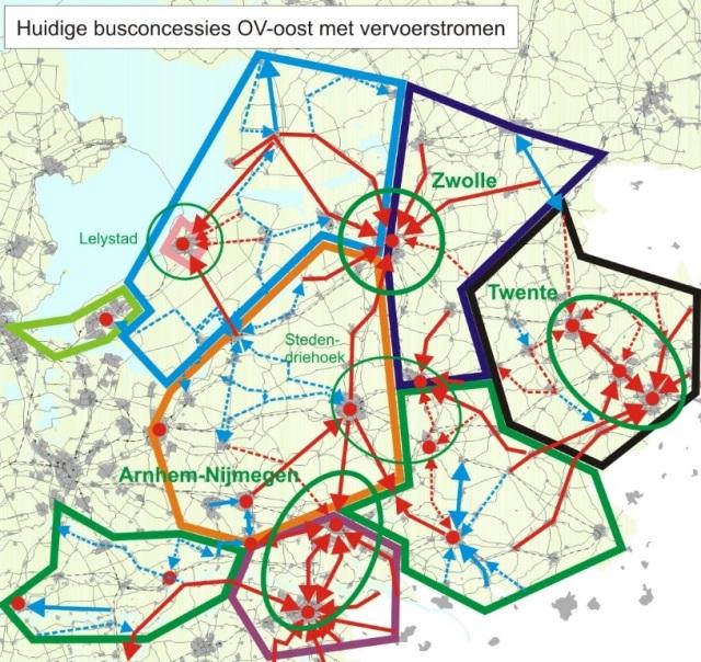 Figuur 2: huidige concessie-indeling met vervoersstromen (rood = op steden gericht, blauw = overige stromen)