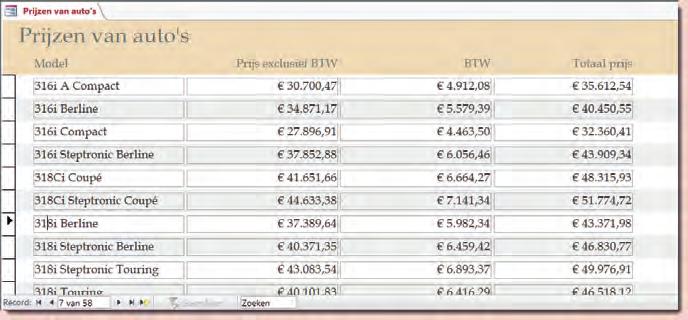 Access 2016 Praktijkopdracht Opdracht 6 Formulier maken De dealer wil een formulier met de prijzen van alle auto s. Je maakt een formulier met de tabel prijzen.