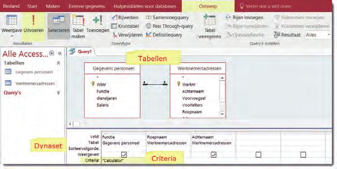 2 Dubbelklik in de tabel Werknemersadressen op de veldnaam Roepnaam. De veldnaam komt in de tweede kolom van de dynaset. 3 Sleep de veldnaam Achternaam naar de derde kolom in de dynaset.