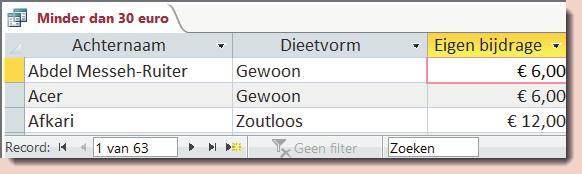 2 Voeg aan de dynaset de veldnaam Eigen bijdrage toe en plaats het criterium 3 Voer de query uit en sla de query op onder de naam Meer dan 60 euro. 4 Ga terug naar het queryontwerp.
