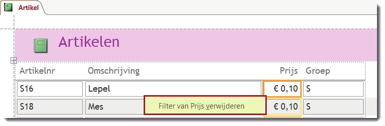 Rapport maken 8 1 Klik bij het tabblad Start op de keuzepijl bij Weergave en kies voor Rapportweergave. 2 Klik in het rapport met de rechtermuisknop op het eerste veld bij de kolom Prijs.