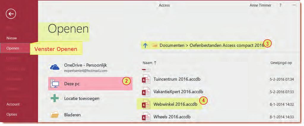 In dit boek werken we met de bestanden die op de computer zijn geïnstalleerd. Daarom kies je voor Deze pc. Opdracht 2.2 Database openen 1 Klik op de knop Andere bestanden openen.