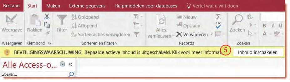 Kennis maken met Access 2 5 De database wordt geopend. Je krijgt een melding te zien met de vraag om de inhoud in te schakelen. 6 Klik op de knop Inhoud inschakelen. Het venster verdwijnt. 2.4 Het bewerkingsvenster Zodra een database is geopend zie je het bewerkingsvenster van Access.