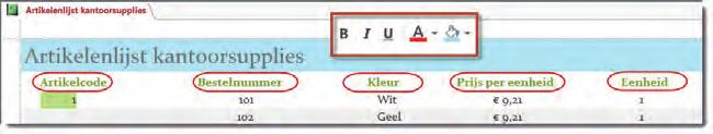 Eindopdracht 8 A Snel rapport maken 1 Open de database Kantoorsupplies 2016. 2 Maak in het Navigatiedeelvenster de tabellen zichtbaar. 3 Maak een Rapport met de tabel Artikelen.