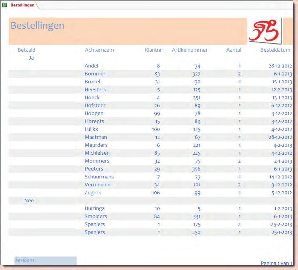 Access 2016 Praktijkopdracht Opdracht 12 Rapport maken Je maakt een Wizardrapport waarin je alle bestellingen van de klanten kunt zien. 1 Voeg uit de tabel NAW Klanten het veld Achternaam toe.