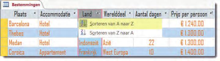 Access 2016 Sorteren: gegevens in alfabetische volgorde plaatsen. Filteren: een selectie van gegevens maken. 3.10 Gegevens sorteren Je kunt de gegevens in een tabel sorteren op veldnaam.