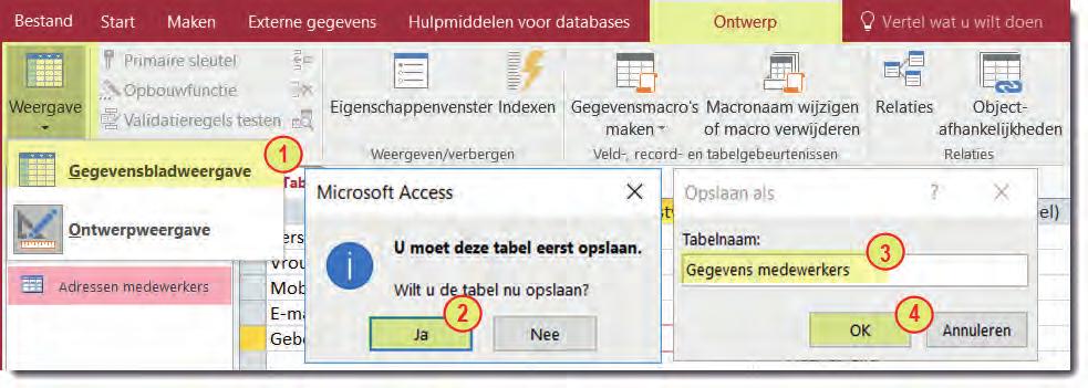 Database en tabel maken 4 1 Klik bij het tabblad Ontwerp op de keuzepijl bij de knop Weergave, Gegevensweergave. 2 Klik bij Tabel opslaan op de knop Ja.