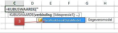 haakje ; Som en drukken Enter. =KUBUSLID("ThisWorkbookDataModel";"[Measures].[Som van SalesAmount]"; Som ) En de formule =KUBUSLID("ThisWorkbookDataModel";"[Measures].