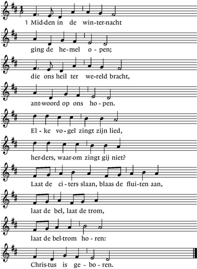 2. Vrede was het overal, / wilde dieren kwamen bij de schapen in de stal / en zij speelden samen. Elke vogel zingt zijn lied, / herders waarom speelt gij niet?