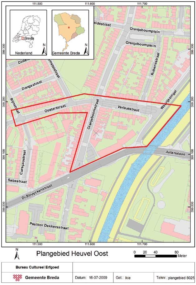 2 Ligging en aard van het terrein Het plangebied Heuvel Oost ligt aan de zuidwestkant van Breda en betreft meerdere wegen waarlangs vervangende riolering zal worden aangebracht.