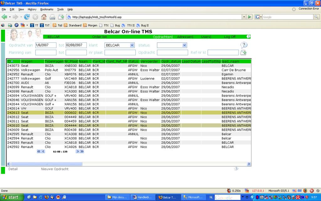 Opdrachten beheer (lijst overzicht (list view)) Sortering Bij het oproepen van dit scherm zijn de gegevens standaard op de eerste kolom aflopend gesorteerd. (ID in dit geval).
