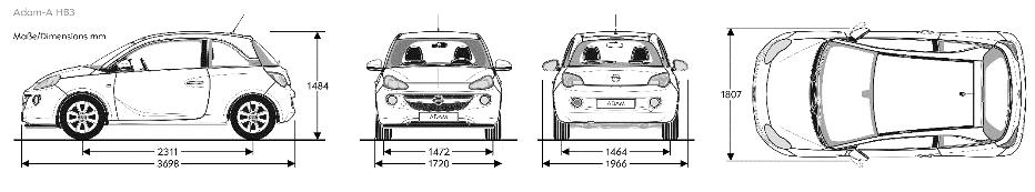 TECHNISCHE SPECIFICATIES OPEL ADAM ADAM ADAM ROCKS BUITENAFMETINGEN in mm Lengte 3,698 3,747 Breedte met uitgeklapte / ingeklapte buitenspiegels 1.966 1.