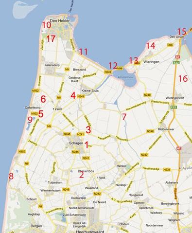 Interessante vogelkijk locaties Hieronder staan enkele interessante gebieden in de kop van Noord-Holland om vogels te kijken. Zie ook nummeraanduiding op kaart.