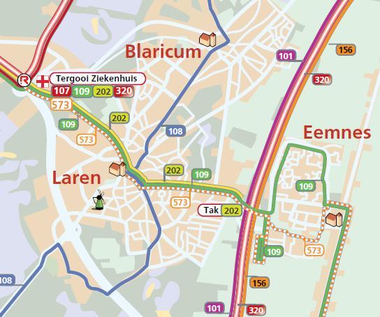 Lijn 109 rijdt overdag twee keer per uur, s avonds één keer per uur tussen station Hilversum en station Naarden-Bussum, via de Eemnesserweg en Naarderstraat.